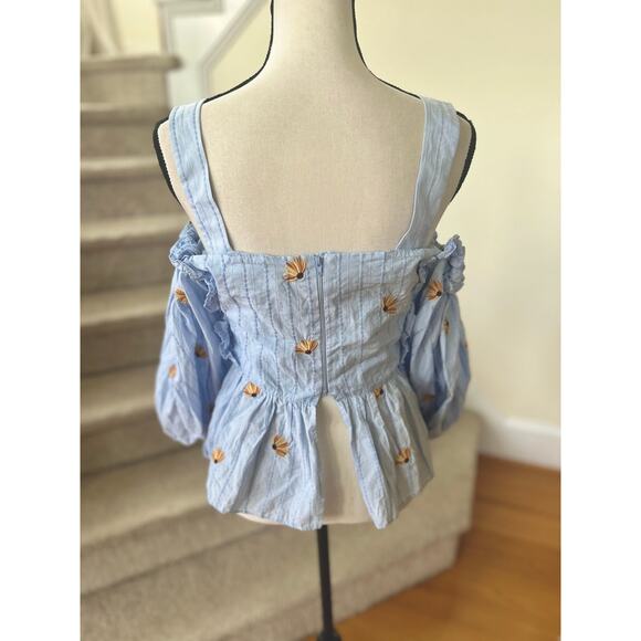 Lud Von Siga Blue Cotton Pleat Off Shoulder Puff Sleeve Peplum Daisy Blouse - Picture 4 of 8